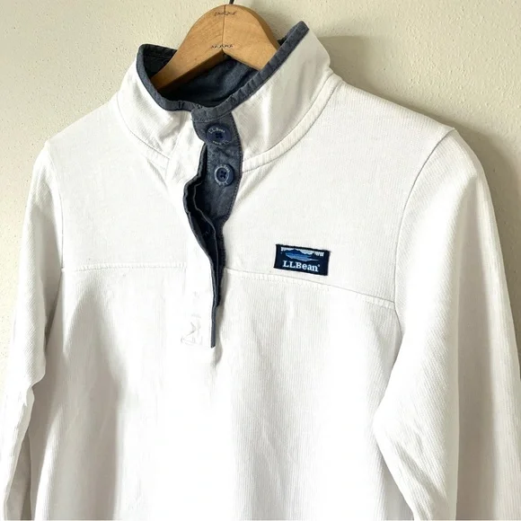 LL Bean Women's White Cotton French Terry 1/4 Button Pullover with Navy Trim - Picture 4 of 16
